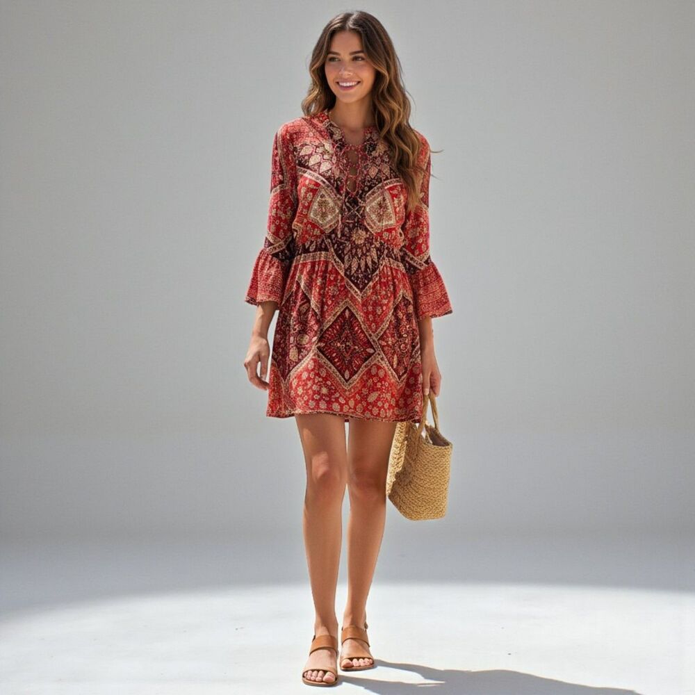 India Fashion Red Mandala Paisley Mini Dress Size M Boho Ethnic Indie Festival